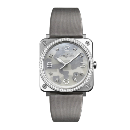 Pre-owned Bell & Ross Br S Gray Camouflage Diamond Steel Quartz Watch Brs-camo-st-lgd