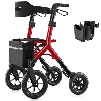 MAXWALK Rollator Walker 12''Wheels Folding Mesh Backrest Adjustable Handle & Seat