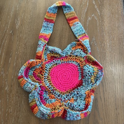 Handmade Boho Crochet Purse Shoulder Bag Flower Power Multicolor Open Top