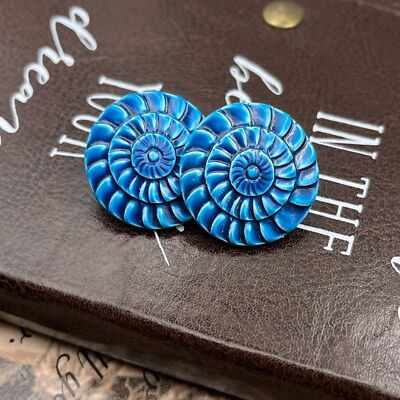 Vintage Painted Blue Floral Ceramic Handcrafted Large Stainless Earring Studs