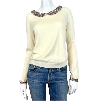 Boden Women's 8 Wool Sweater Pullover Ivory Beaded Peter Pan Collar Lightweight 