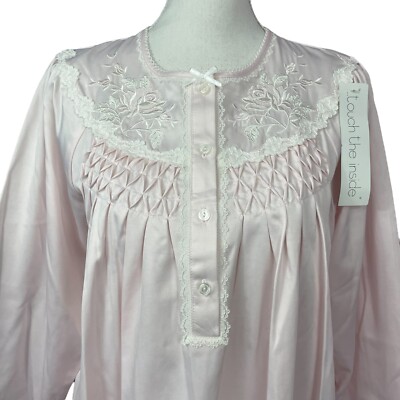 Floral Embroidered Satin Nightgown NEW M NWT Miss Elaine VTG Blush Pink Smocked