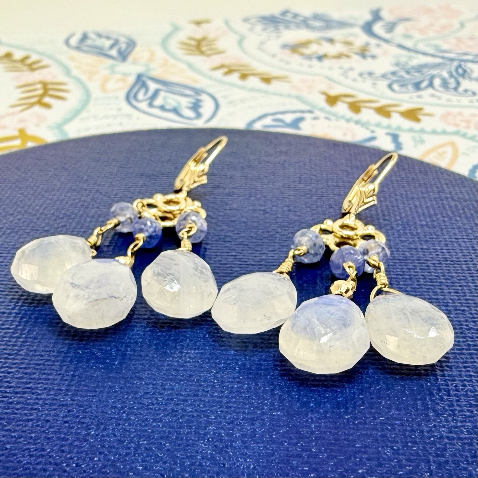 14k Yellow Gold Genuine Rainbow Moonstone and Sapphire Chandelier Earrings, - Picture 8 of 11