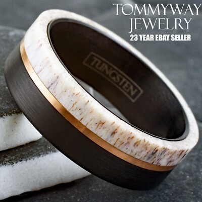 8mm Black Tungsten Carbide Deer Antler Rose Gold Plated Men's Wedding Band Ring
