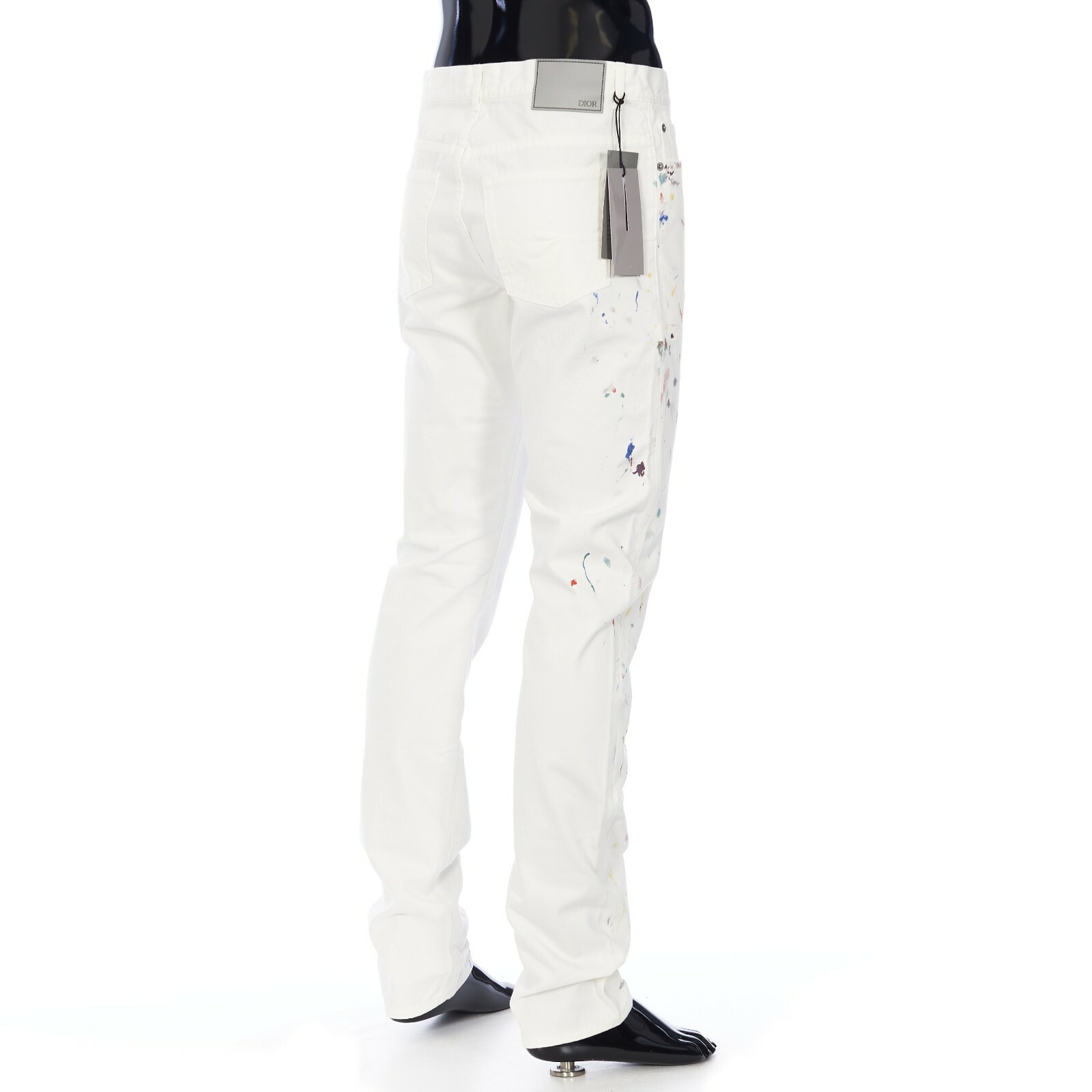 Pre-owned Dior 1200$ Slimfit White Cotton Denim Jeans - Multicolor Paint Spots, Pants