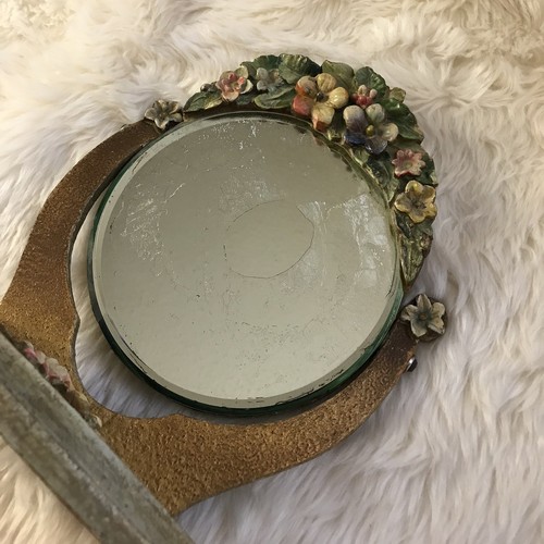 Antique Barbola Round Beveled Mirror on Stand Gesso Flowers Table Top c.1930s
