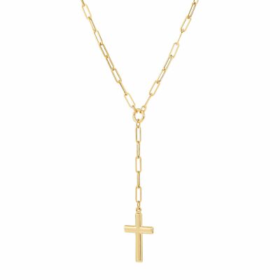 Pre-owned Welry Paperclip Lariat Necklace With Cross In 14k Yellow Gold, 18"
