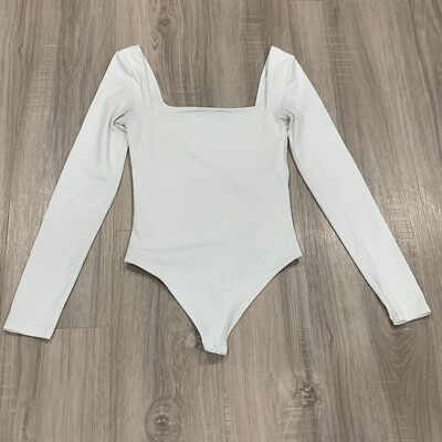 Aritzia Babaton Womens Bodysuit Size S Off-white Stretch Long Sleeve Square Neck