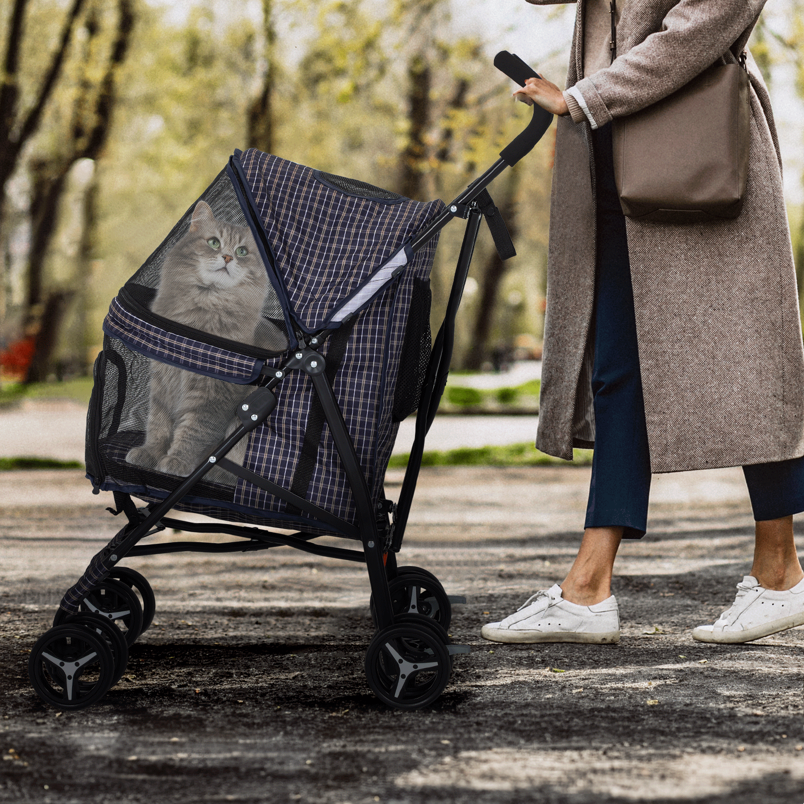 Pet Stroller 4 Wheels Foldable Cat Dog Travel Carrier Skylight w/Storage Basket