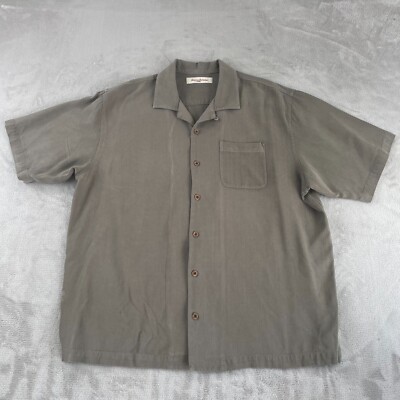 Tommy Bahama Camp Shirt Men XL Grey Silk Loop Collar Short Sleeve Coconut Button