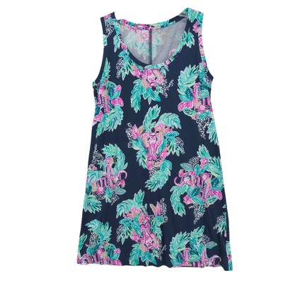LILLY PULITZER Raylee Sleeveless Dress 100% Pima Cotton Navy Blue Floral MEDIUM