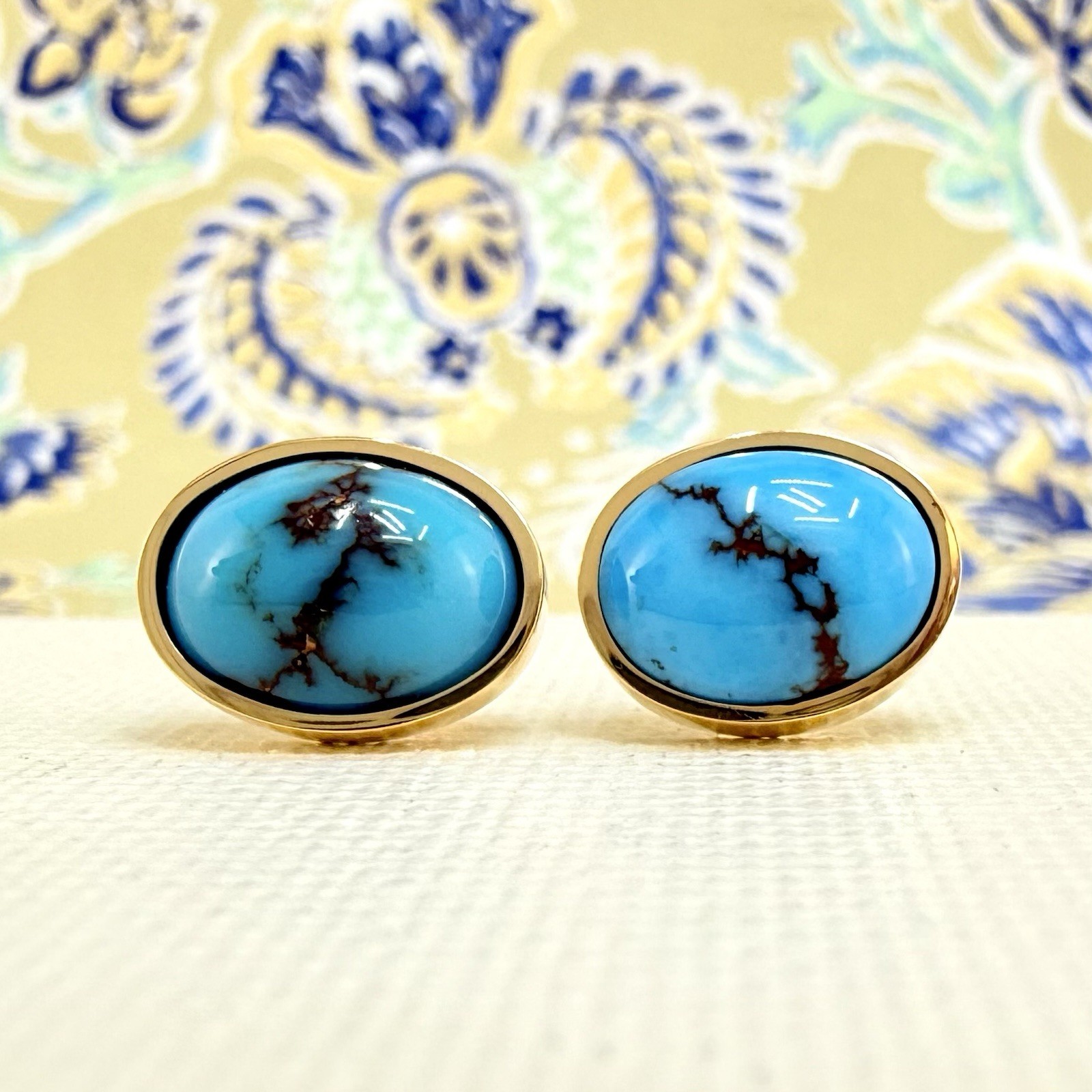 14k Yellow Gold Egyptian Turquoise Custom Made Stud Earrings, New Pair #2 - Picture 6 of 8