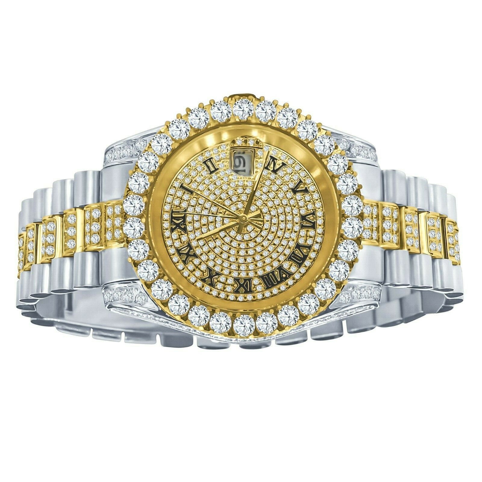 Pre-owned Blingmaster Men's Yellow Gold Tone Stainless Steel Presidential Watch 41mm Simulated Diamond