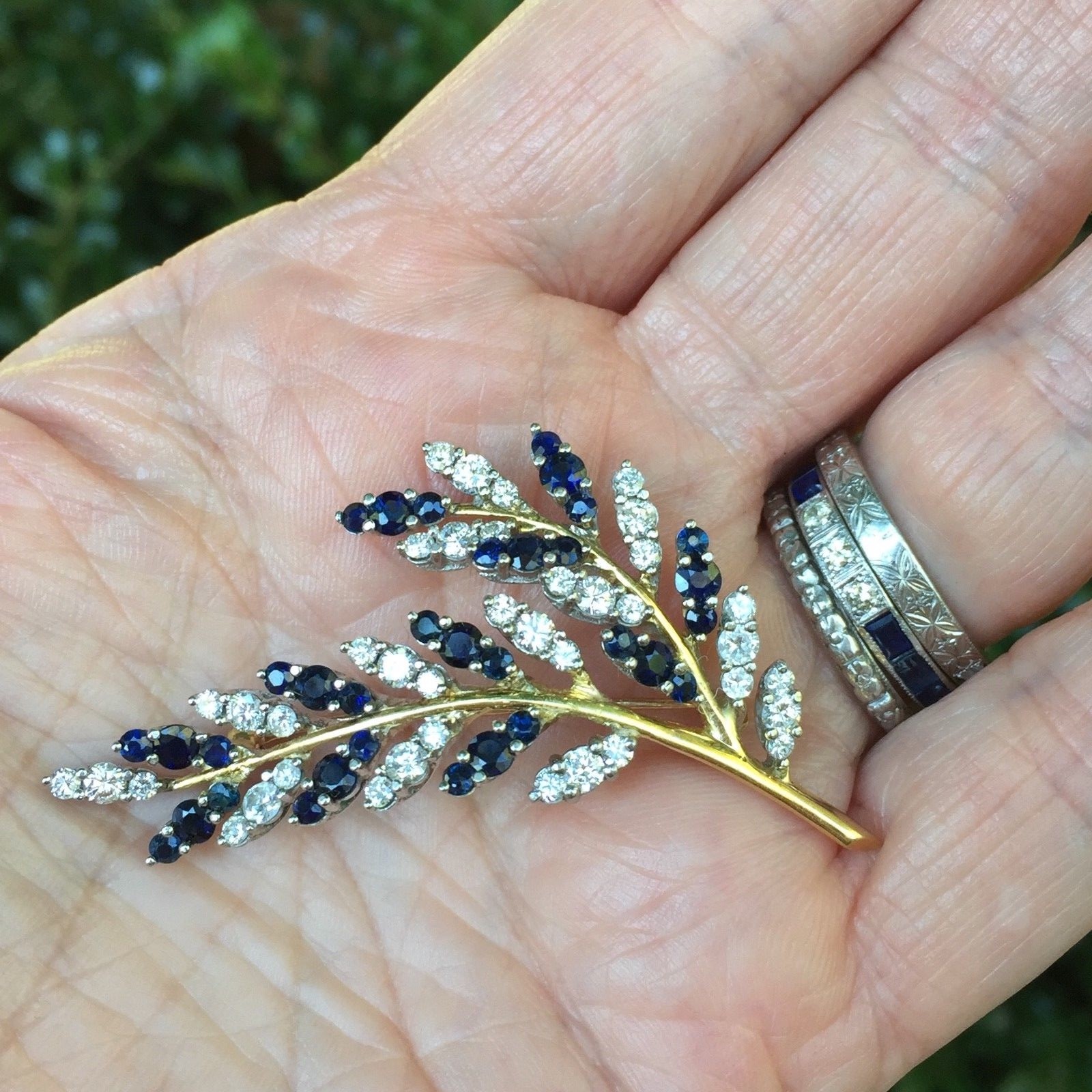 Magnificent 18K Gold Diamond and Sapphire Brooch Leaf Branch