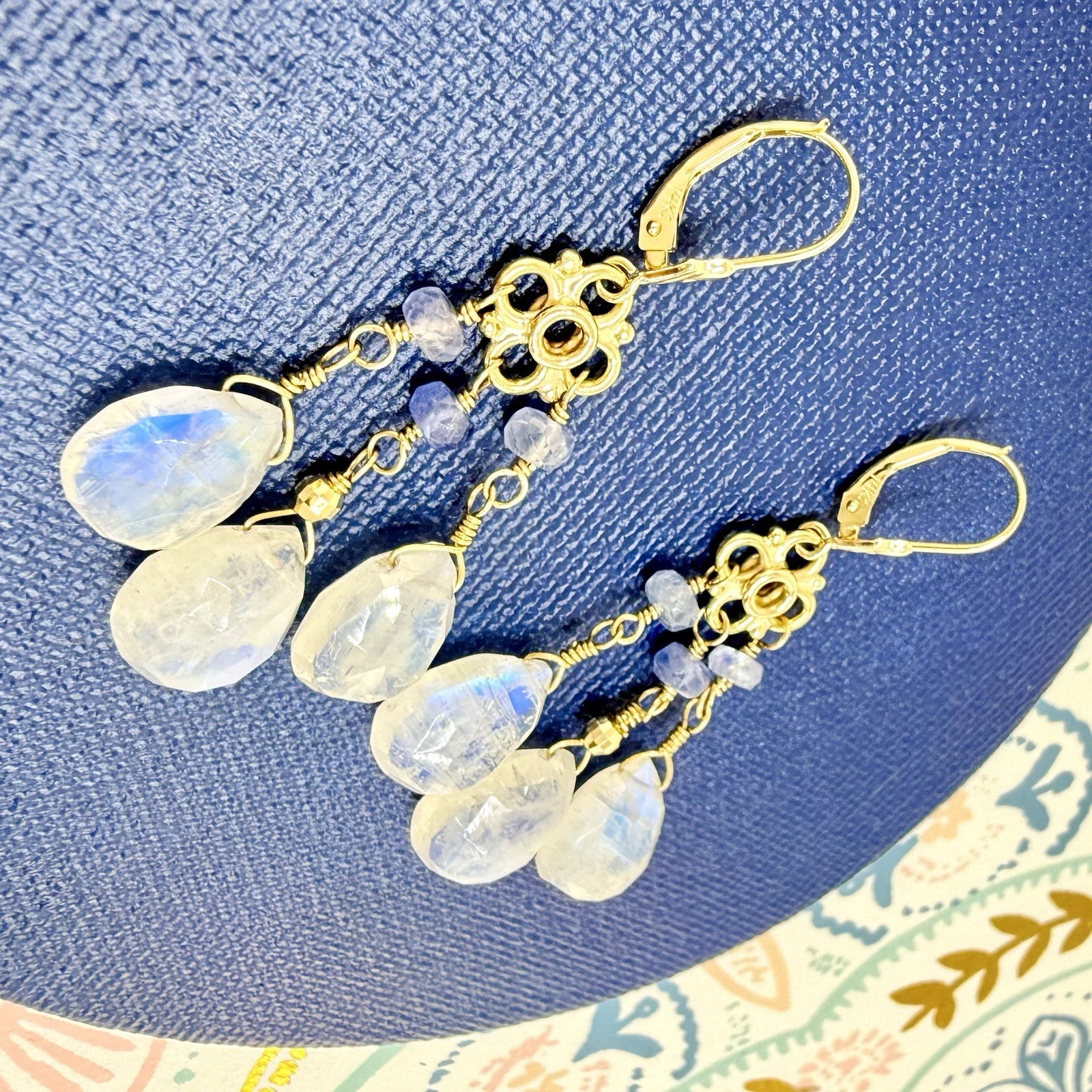 14k Yellow Gold Genuine Rainbow Moonstone and Sapphire Chandelier Earrings, - Picture 4 of 11