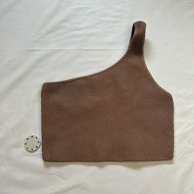 Aritzia Babaton Sculpt Knit Top One Shoulder Cropped Ribbed Waffle Knit Tan L