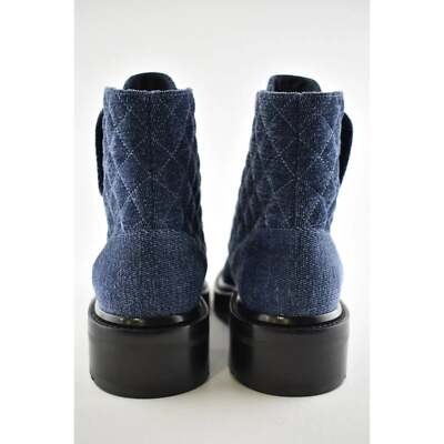 Pre-owned Chanel 21a Blue Black Quilted Cc Chain Combat Lace Up Tie Ankle Short Boots 38.5