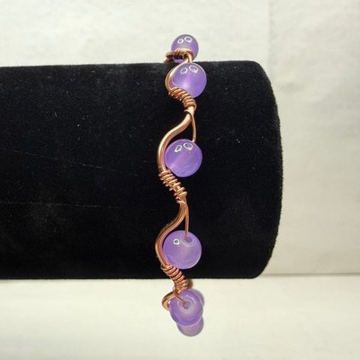 Artisan Purple Amethyst Agate Copper Wire Wrapped Bangle Bracelet Jewelry Sz 7