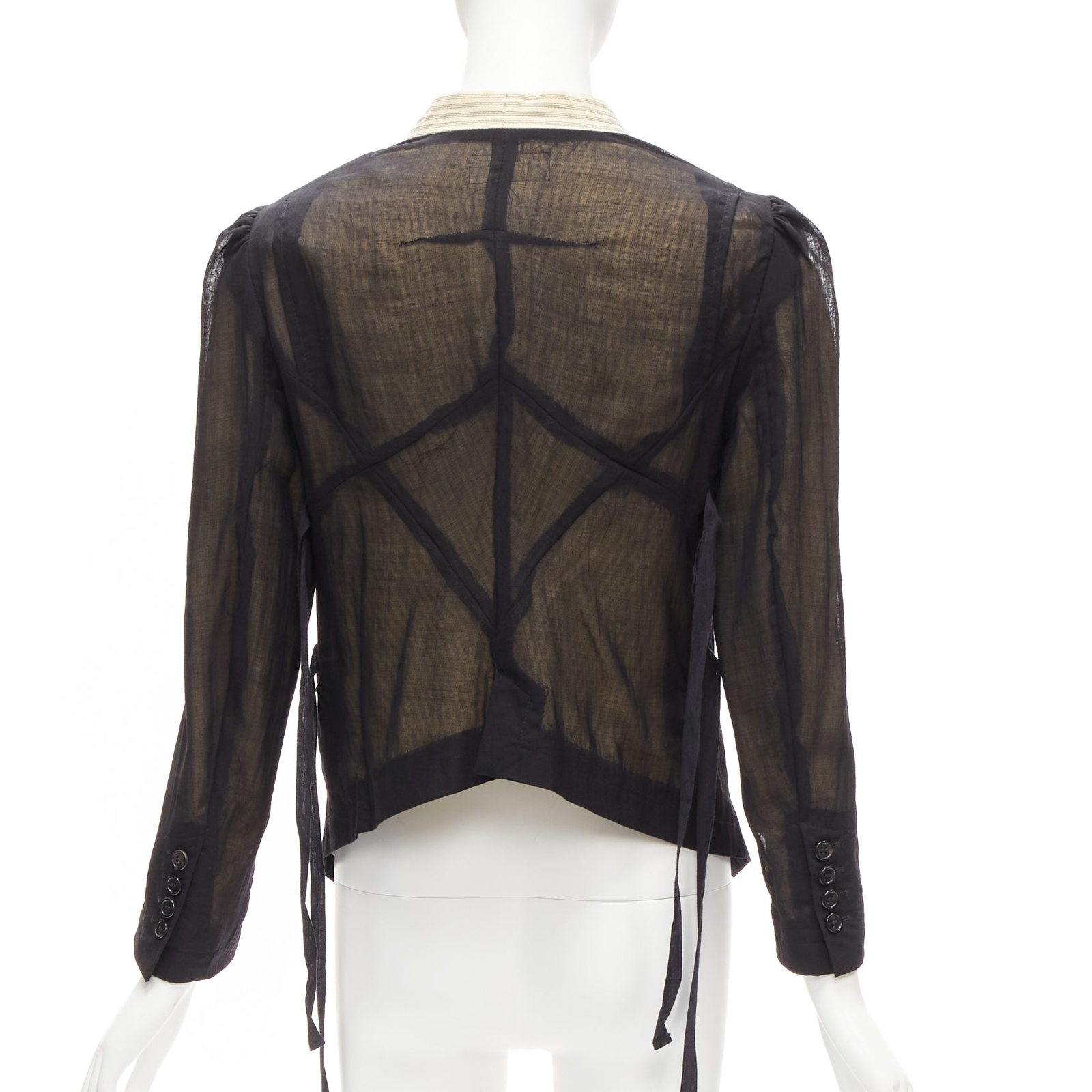 ANN DEMEULEMEESTER black overlay sheer cream topstitched