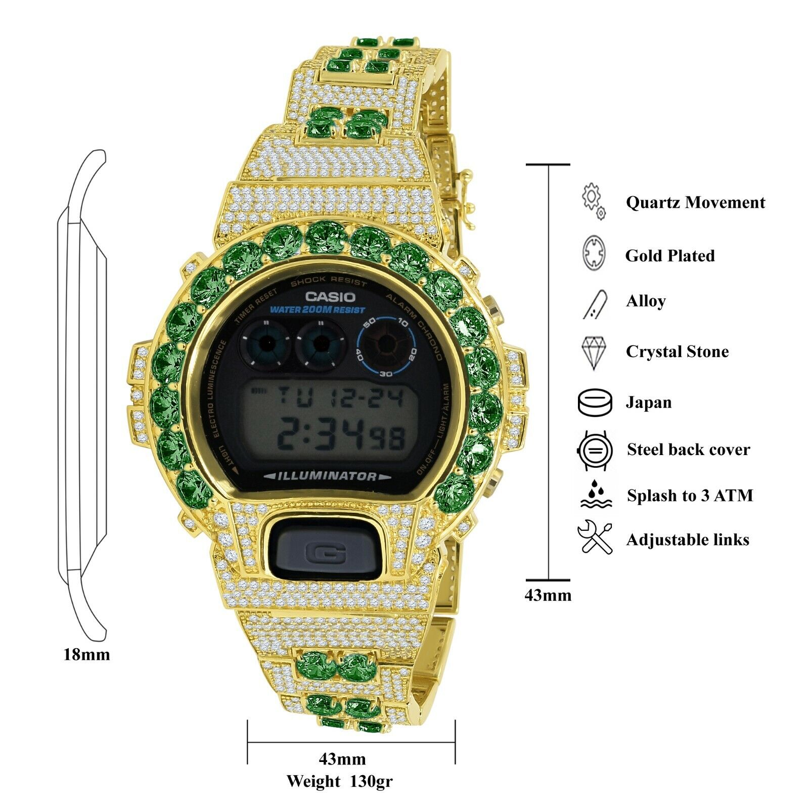 Pre-owned G-shock Emerald Green Solitaire Custom Authentic Casio  Dw 6900 Gold Finish Watch