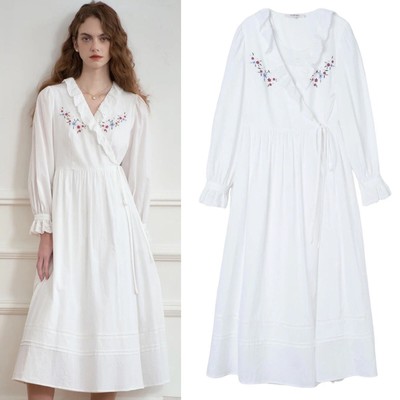 Simple Retro Aubrie Floral Embroidered Midi Dress Sz M White Cotton NEW 