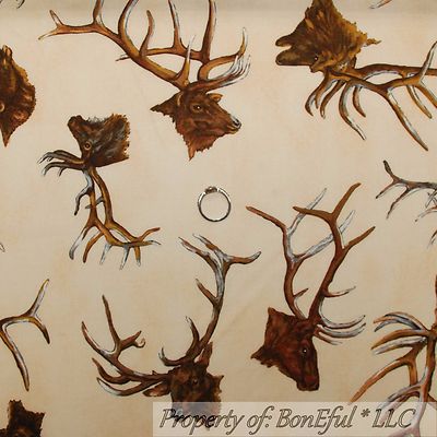 BonEful Fabric FQ Cotton Quilt Brown Antler Hunt Head Buck Elk Deer Farm Western