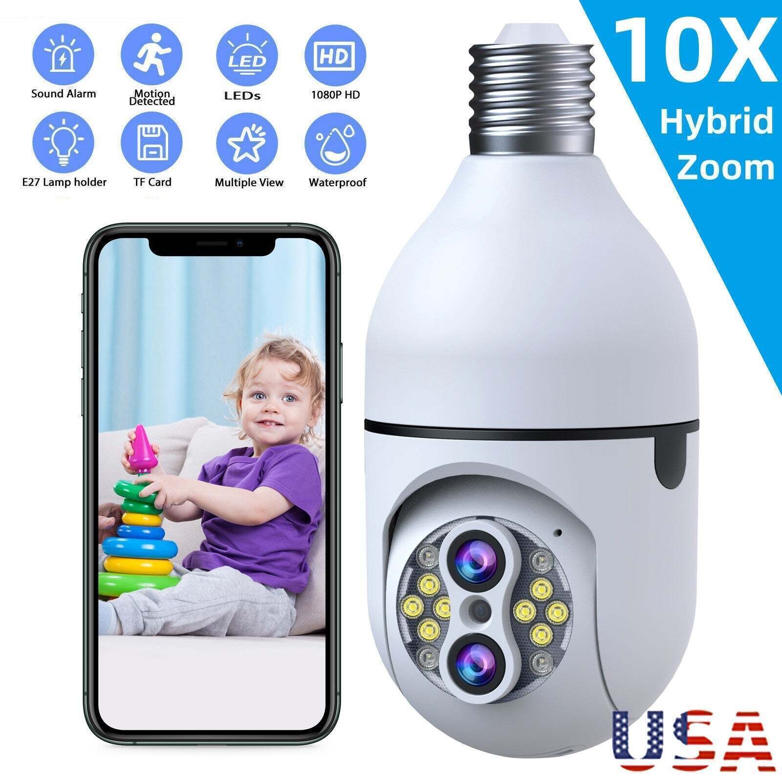 1080P E27 Light Bulb Wifi Security Camera 10X Zoom Dual Lens 360° PTZ Smart Home