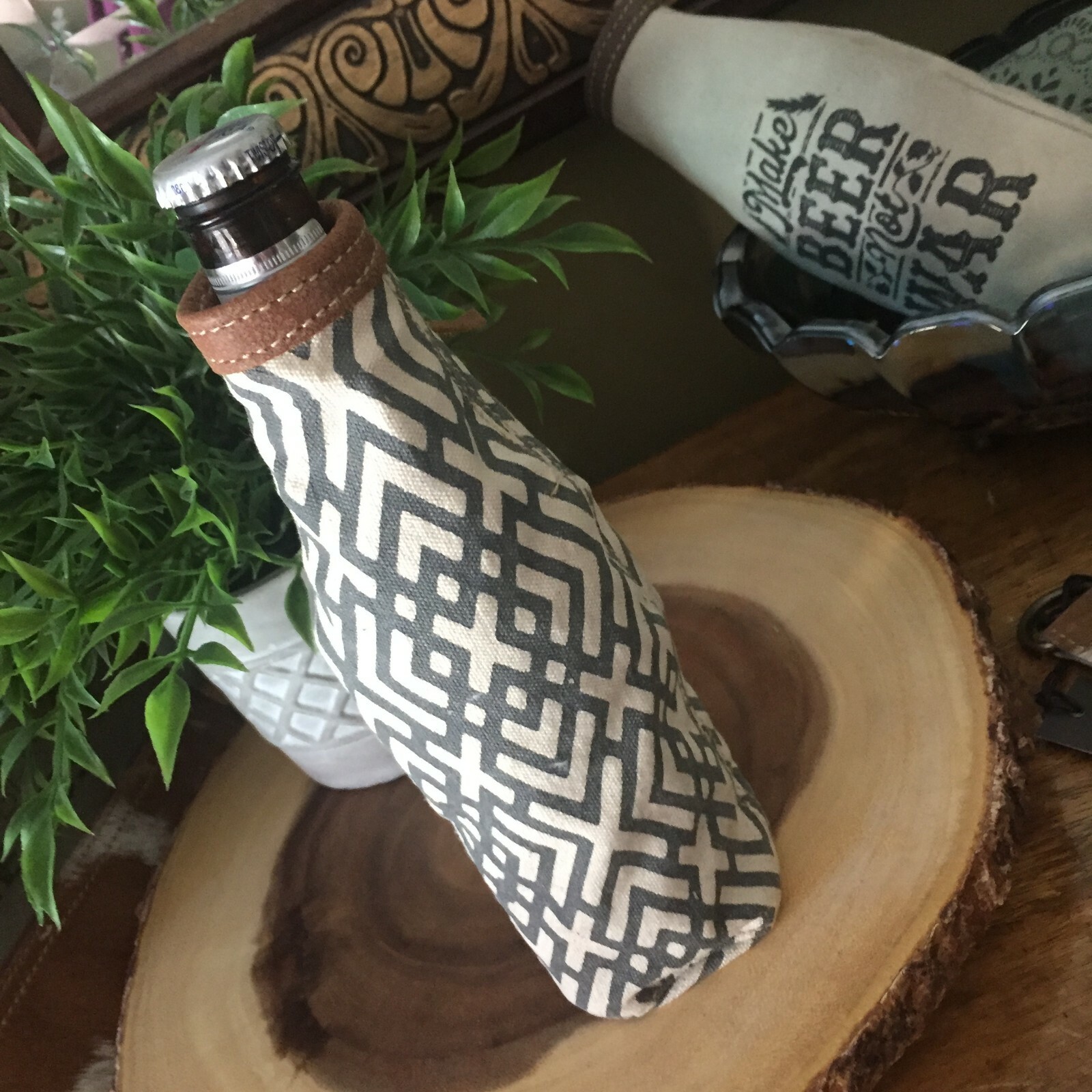 Beer Koozie Bottle Holder Canvas New with tags BOHO Gift Trendy Booze