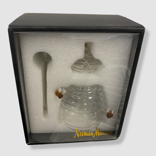 $42 Neiman Marcus Botanical Clear Glass Lid Bee Kitchen Handcrafted Honey Jar