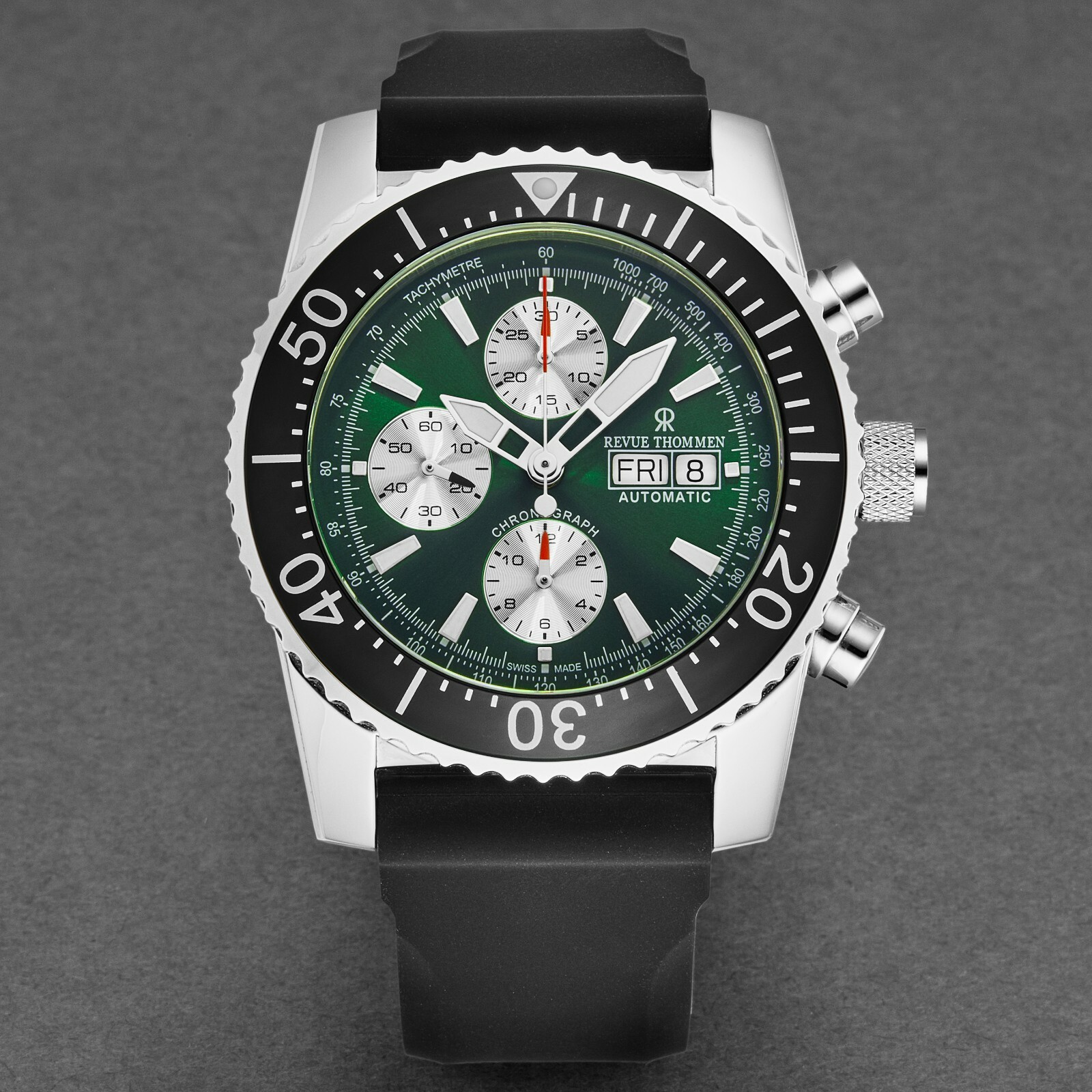 Pre-owned Revue Thommen Men's Divers Green Dial Rubber Strap Automatic Watch 17030.6521