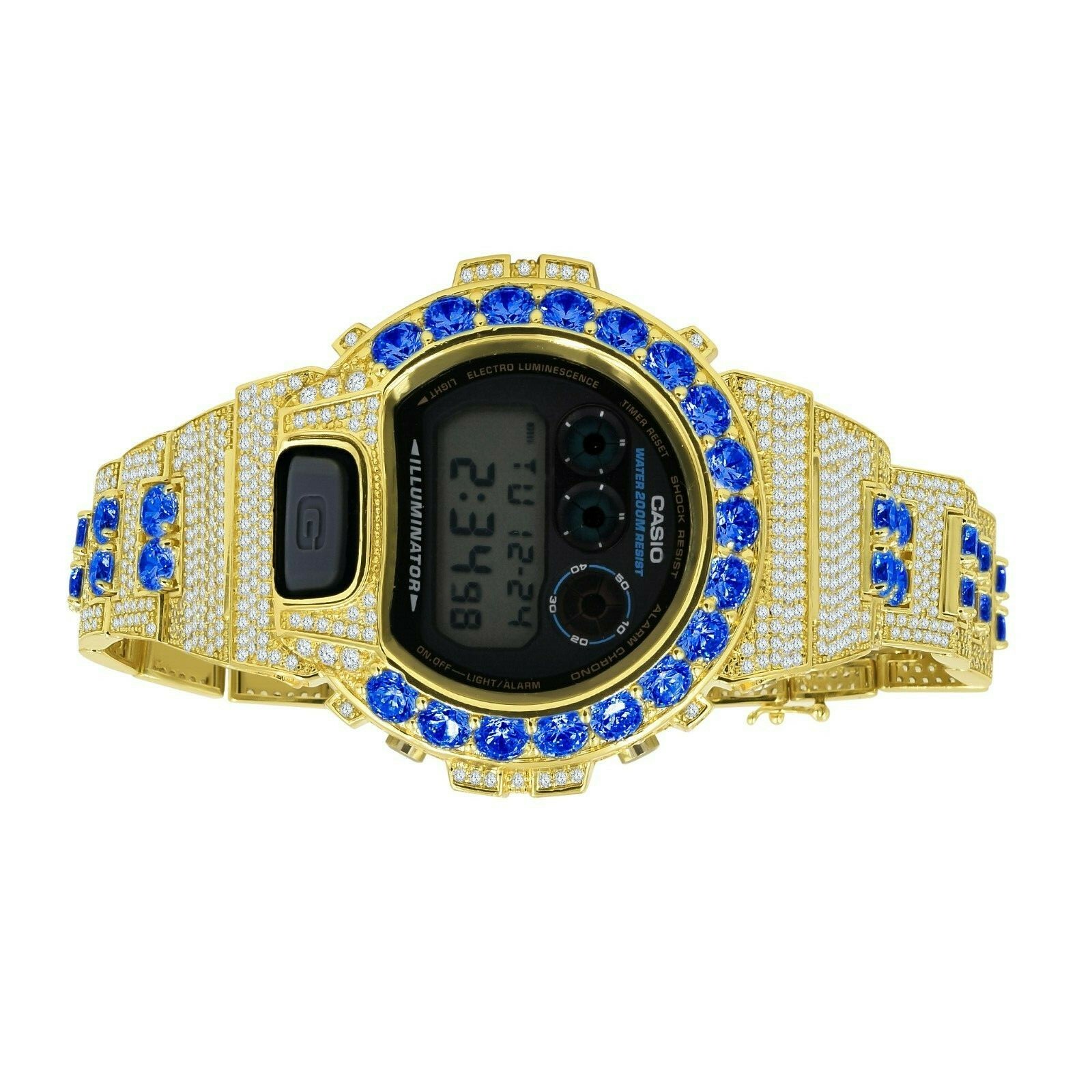 Pre-owned G-shock Custom Authentic Casio  Dw 6900 Blue Sapphire Solitaire Gold Tone Watch