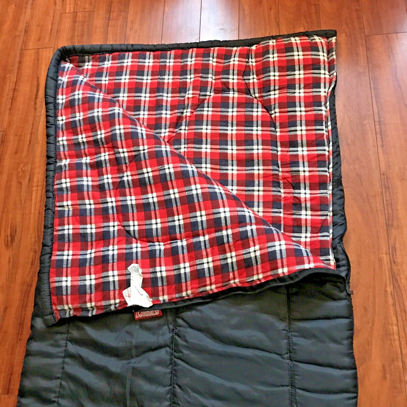 Vintage Coleman Sleeping Bag Black w/ Red Flannel Zipper Cotton Lining