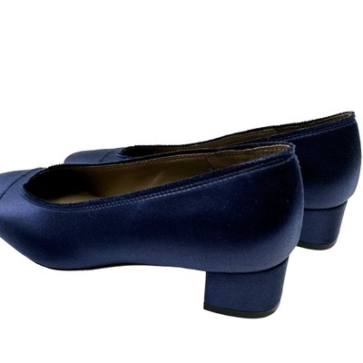Pre-owned Pedro Garcia Eladia 38 Eu Navy Silk Satin Low Block Heel Slip On Pump $550 In Blue
