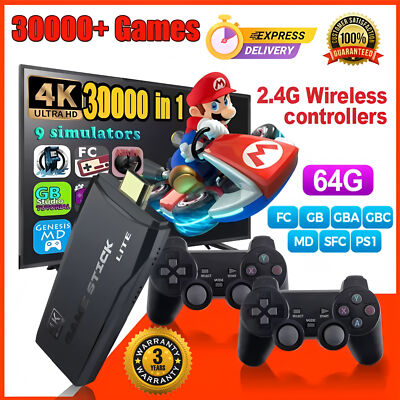 4K HDMI TV Game Stick Built-in 64GB 30000+ Video Games Console Wireless Gamepad