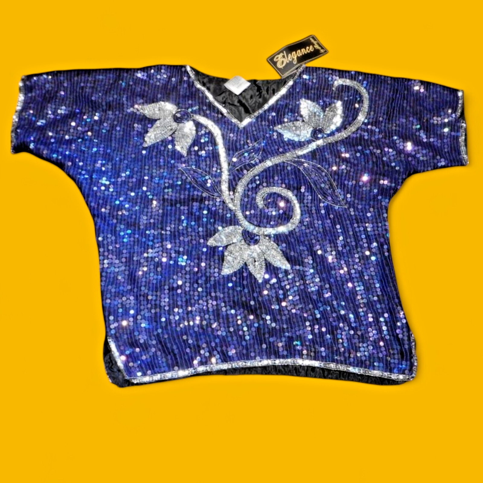 VINTAGE SEQUINED OVERSIZED SILK BLOUSE blue dolman 80s