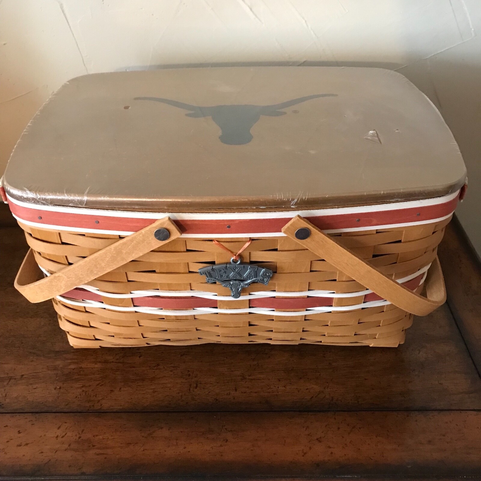 Longaberger Texas Longhorns Large Market Basket, Lid, Protector, and Tie-on