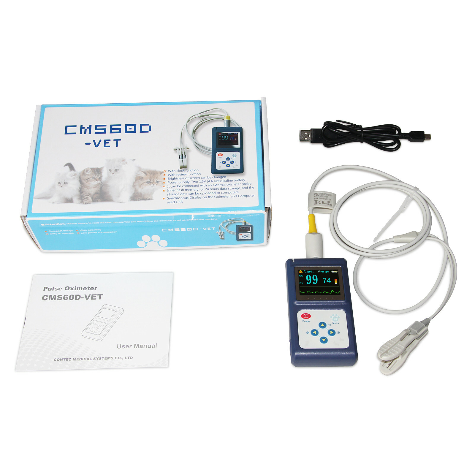 Dog/Cat Pulse Oximeter Tongue/Ear Blood Oxygen Meter Veterinary SpO2 PR