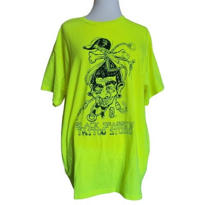 Men's Neon Green Shrunken Head Black Sparrow Tattoo Studio Graphic TShirt Size L