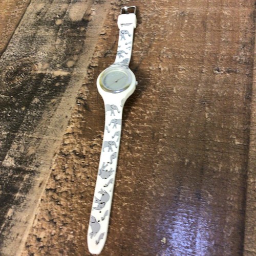 accutime watch corp white rubber band with gray elephants gray face silver trim