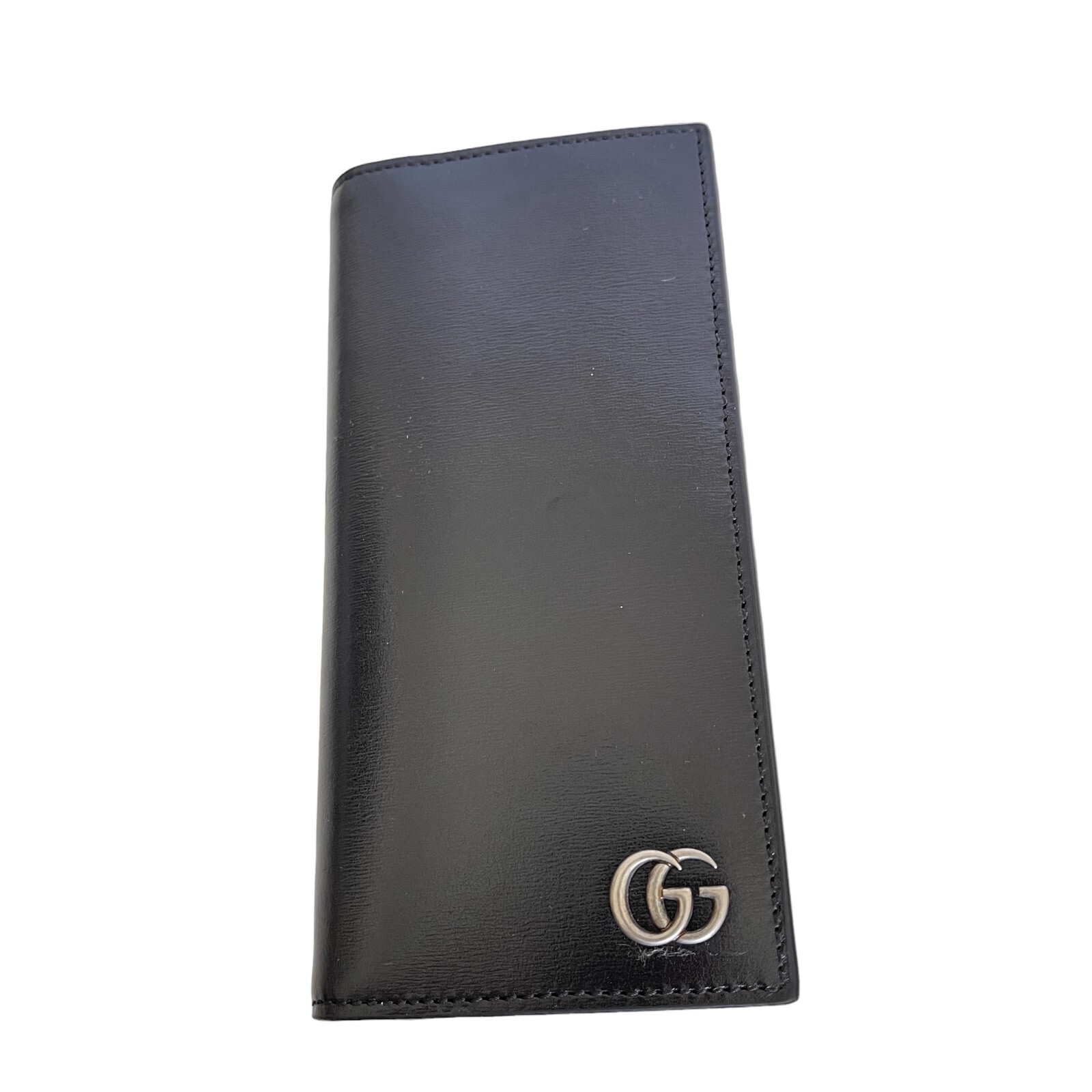 Pre-owned Gucci 428740 Men's Black Leather Gg Marmont Vertical Wallet, Boarded Plutone