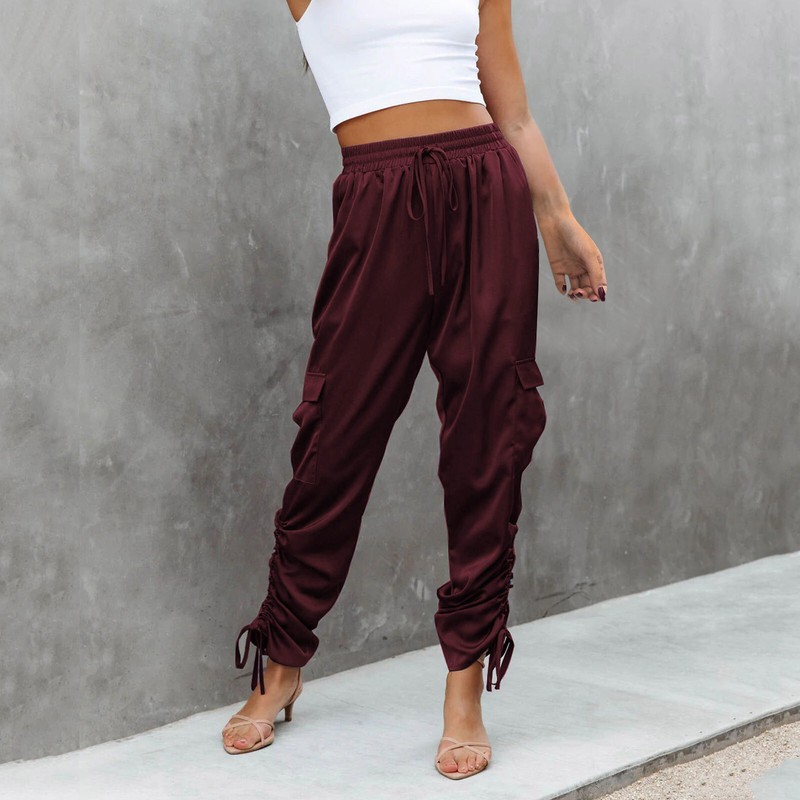 Women Baggy Cargo Long Pants Lace Up Pocket Casual Elastic Leggings Trousers