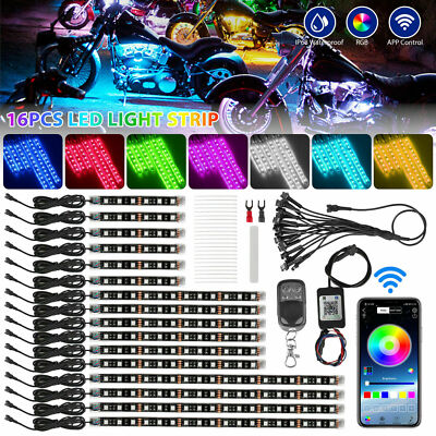 16PC RGB Bluetooth Motorcycle LED Light Under Glow Neon Strip Remote Control Kit