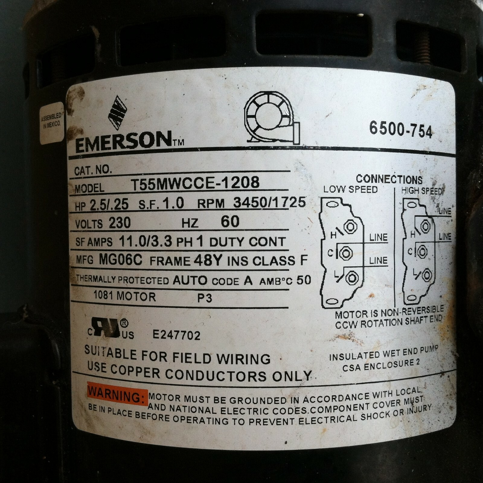 EMERSON Spa/hot tube Pump T55SMWCCE-1208 230v, 2.5HP, 3450/1725RPM