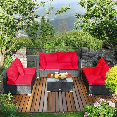 7PCS Patio Rattan Sofa Set Sectional Conversation Furniture Set Garden Red