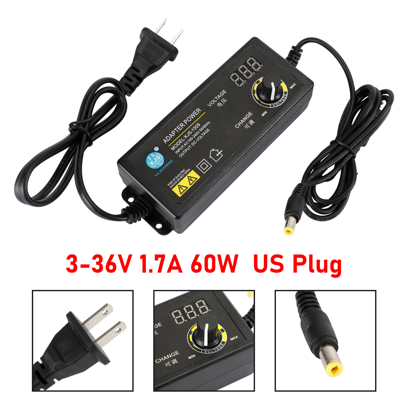 Adjustable Voltage 3-36V 1.7A 60W Power Supply Adapter AC/DC Switch W/ LED