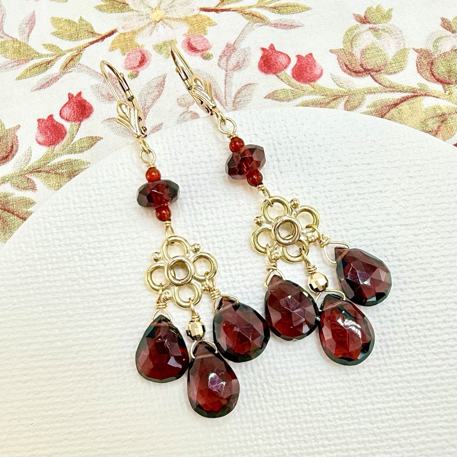 14k Yellow Gold Genuine Garnet Chandelier Dangle/Drop Earrings, New, 2.10