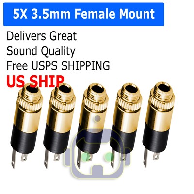5 Pack HQ Gold Plated 3.5mm Stereo Female Audio Jack Connector Panel Mount