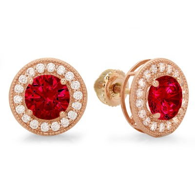 Pre-owned Pucci 1.18 Round Cut Vvs1 Halo Red Simulated Ruby Designer Stud Earrings 14k Rose Gold