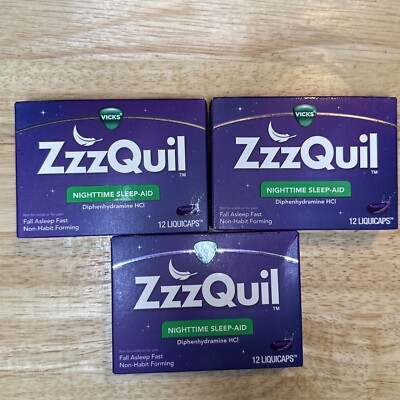3 Pack Vicks ZzzQuil Nighttime Sleep-Aid, 12 Liquicaps Each, Exp 10/23