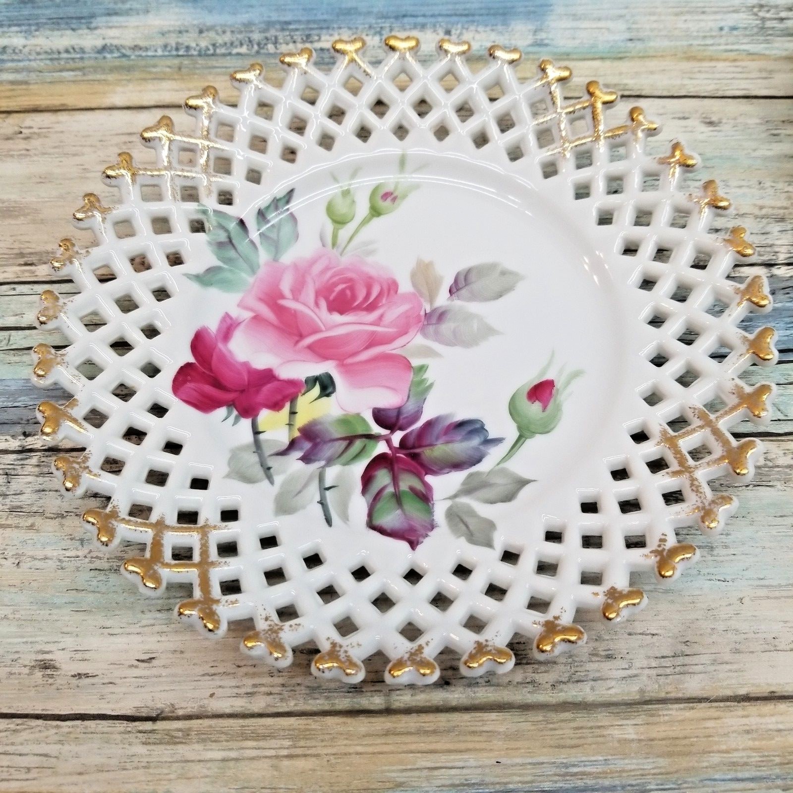 Lefton China - Hand Painted Red Pink Roses Lattice Decorative Plate 8 1/2